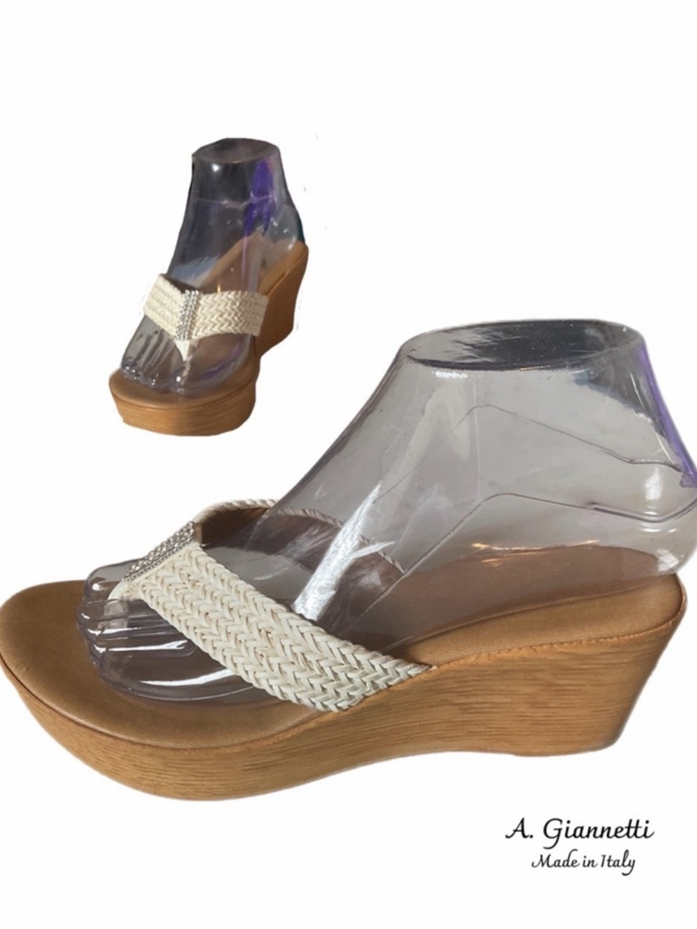 A. Giannetti Cream Braided Platform Wedge Sandals